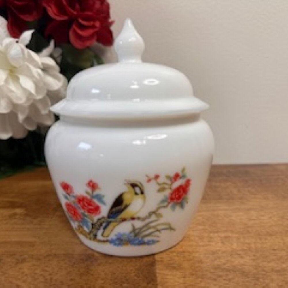 Vintage Avon Milk Glass Apothecary Jar‎ Bird Floral Motif Lidded Container